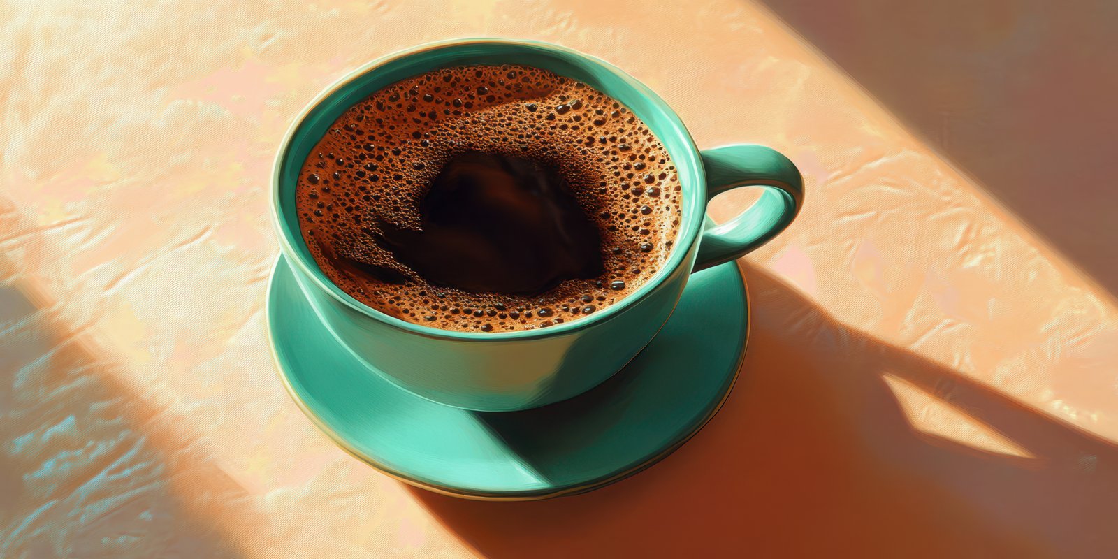Warm cup of coffee on a sunny morning with shadows casting on the table